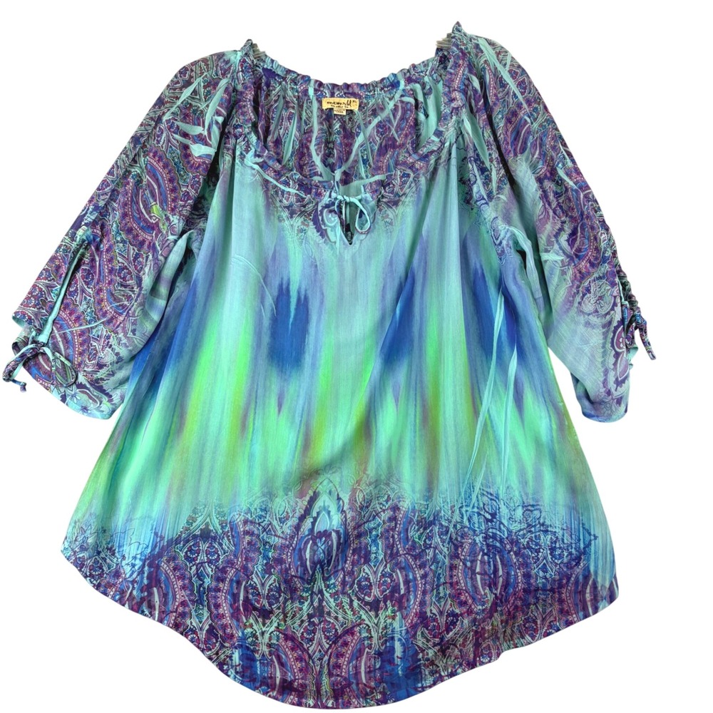 One World Womens XL Teal Paisley Tie Dye Chiffon Tunic Boho Ruffle Tie Neck‎ Top